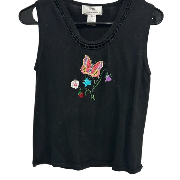 Lisa International Black Embroidered Butterfly Tank Top Size M Casual Relaxed - Picture 1 of 9